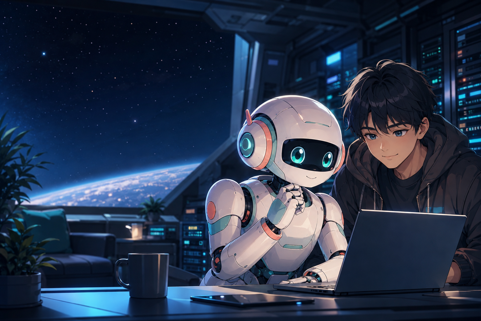 A friendly companion robot helping a developer at a workstation