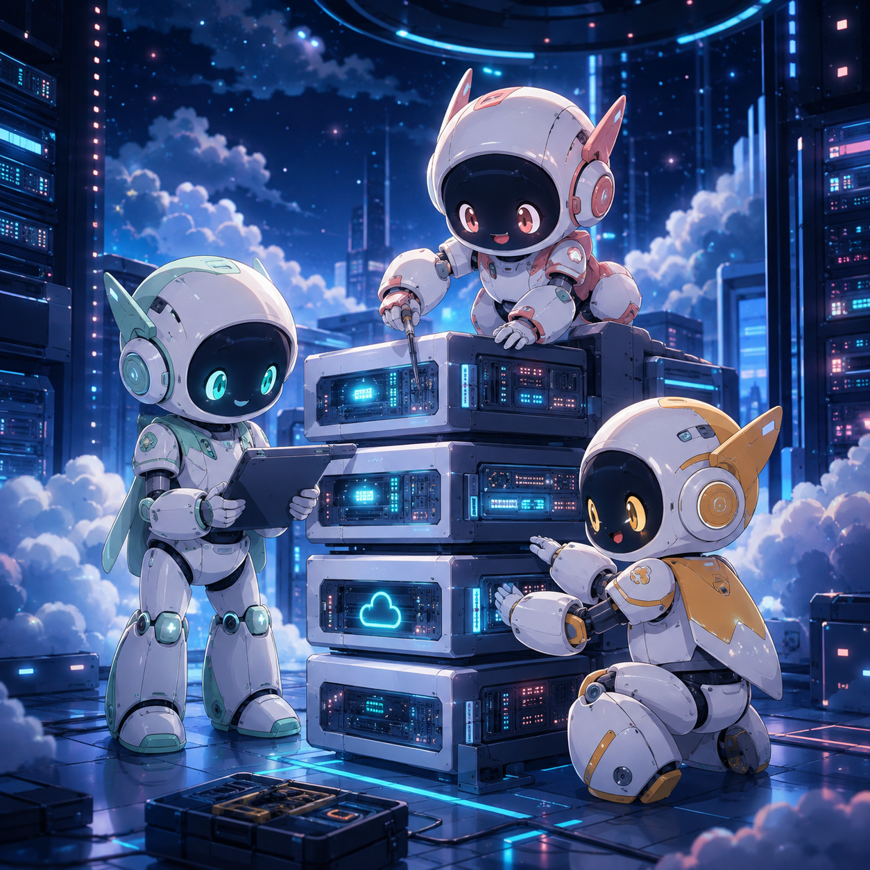 Three friendly companion robots tending to a stack of cloud servers
